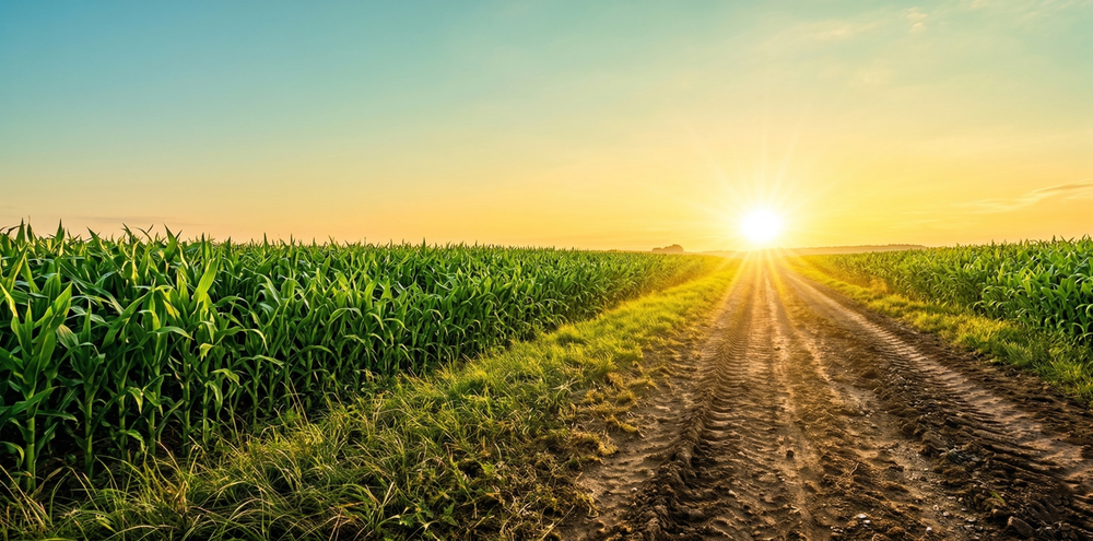 Cornfield path at sunset