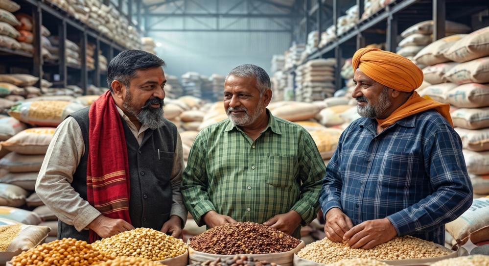 Traders at warehouse with grains